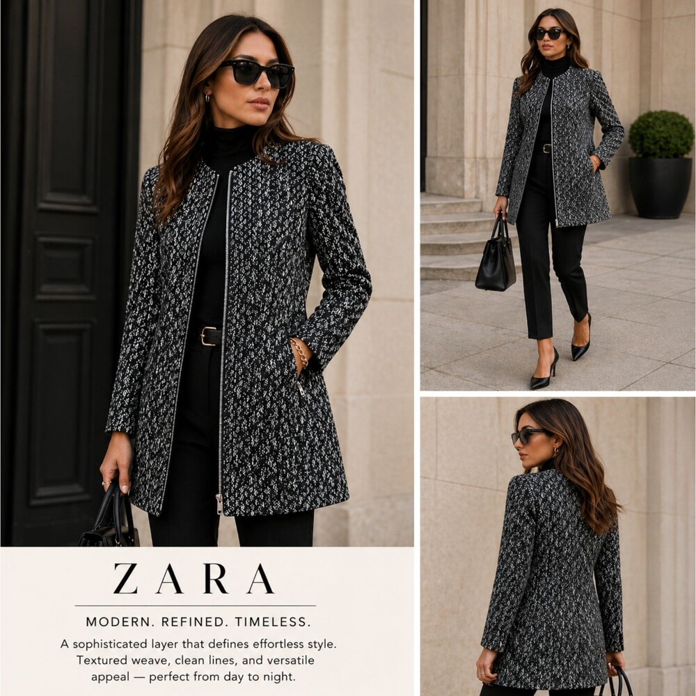 Zara Basic Collection Tweed Longline Zip Jacket S Blue Black White Frock Pockets